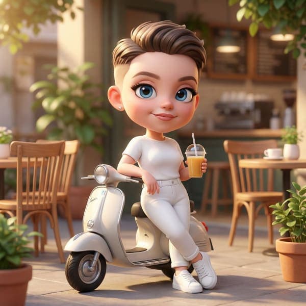 Cute 3D chibi-style character based on uploaded image leaning on a mini scooter in a cozy café courtyard with warm golden sunlight and pastel tones.