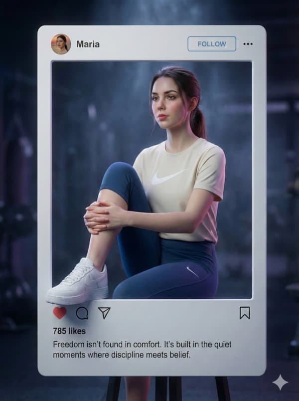 Cinematic 3D fitness portrait of a woman in a gym framed inside an Instagram-style UI with UI icons, caption, and soft dramatic lighting.