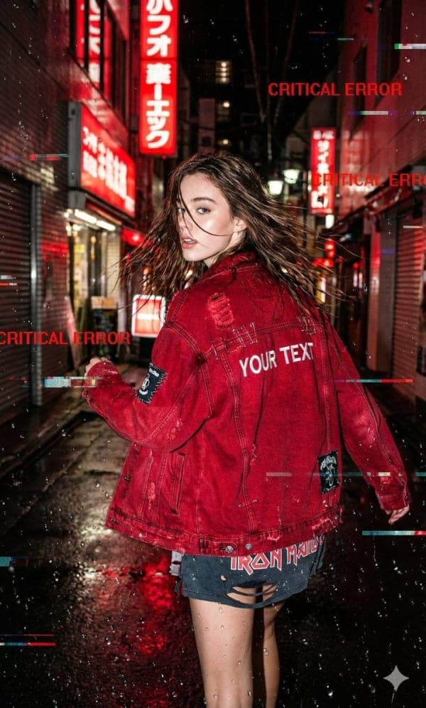 Cyberpunk-style portrait of a woman running through a rainy neon-lit Neo-Tokyo alley while wearing a distressed red denim jacket with glitch effects and cinematic flash lighting.