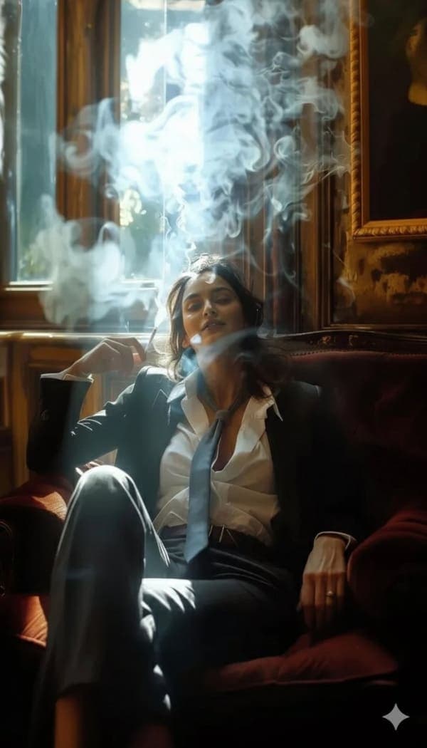 Cinematic portrait of a sophisticated woman sitting in a vintage study chair with dramatic lighting and swirling smoke around her face.