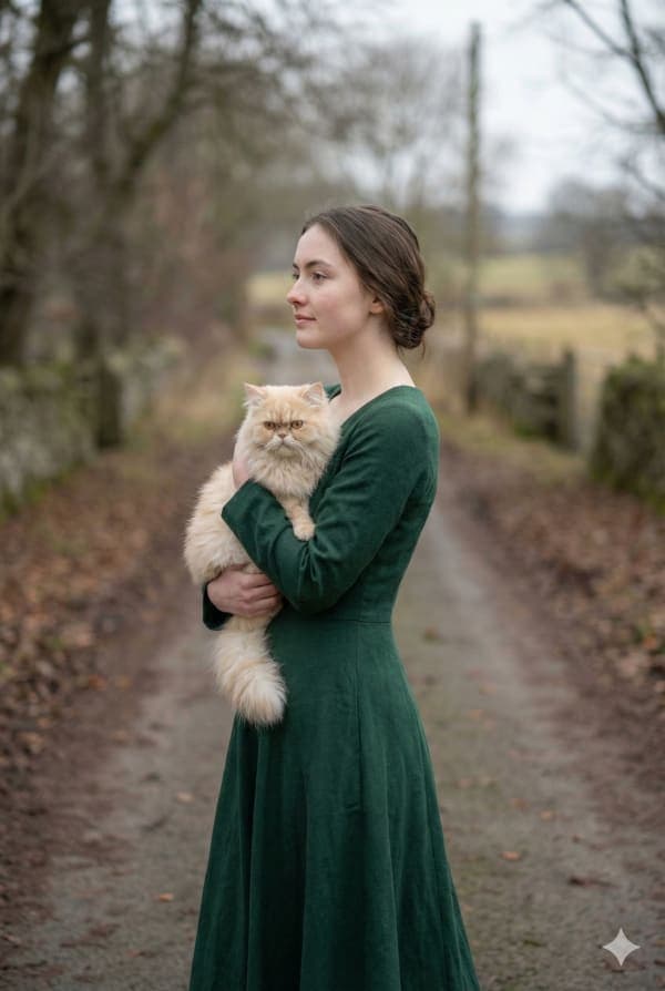 Cinematic portrait of a young woman walking on a scenic road while gently holding a Persian cat in soft winter light with a blurred natural background.