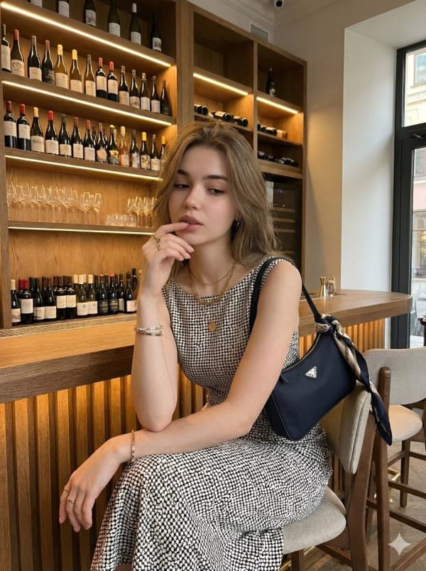 Cinematic luxury portrait of a woman in a polka dot dress sitting at a wine bar counter with warm lighting, elegant jewelry, and sophisticated atmosphere.