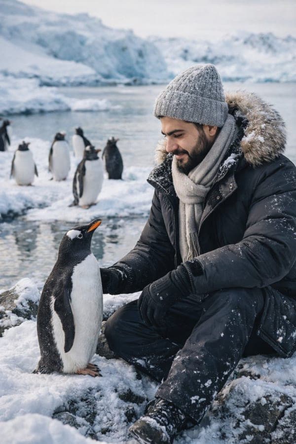 Ultra-realistic portrait of a man in winter clothing sitting on a rock and gently interacting with penguins in a snowy icy landscape.