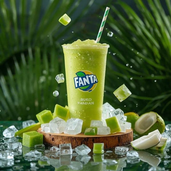 Ultra-realistic commercial advertisement of a tropical green Fanta Buko Pandan drink in a clear cup surrounded by ice cubes, pandan jelly, and coconut pieces in a lush tropical setting.