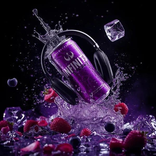 Ultra-cinematic purple energy drink can floating mid-air with headphones, surrounded by liquid splashes, berries, and ice in dramatic studio lighting.