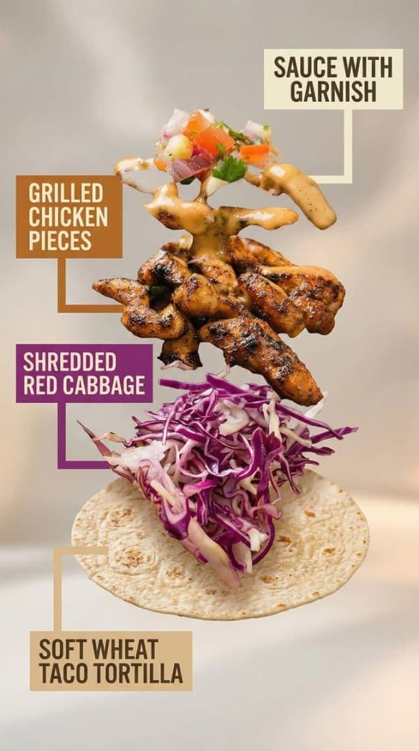 Premium taco commercial photography with cinematic close-up and exploded ingredient breakdown infographic showing structured taco layers with labeled annotations.