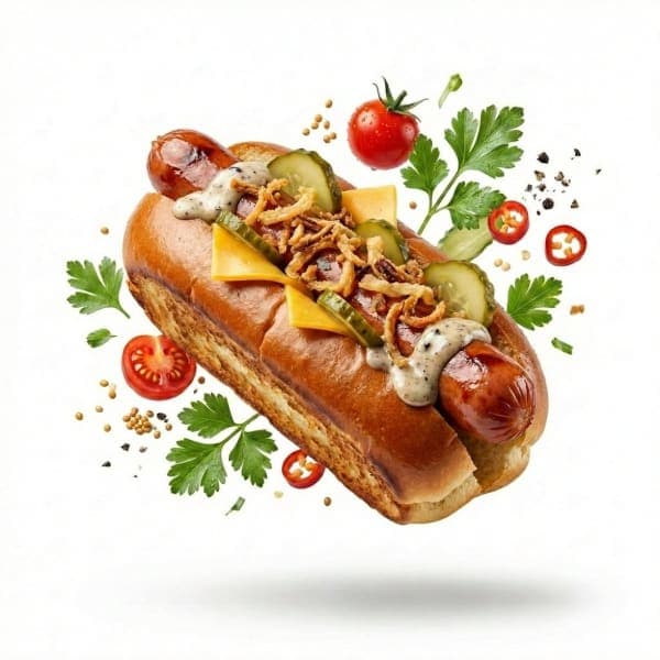 Minimalist luxury commercial food photography showing floating ice cream, hotdog, and dumplings with orbiting ingredients on a clean white studio background.