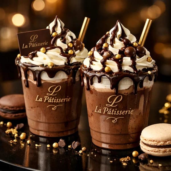 Two luxury chocolate dessert drinks topped with whipped cream, chocolate drizzle, gold decorations, macarons, and branded labels in a dark elegant café setting.
