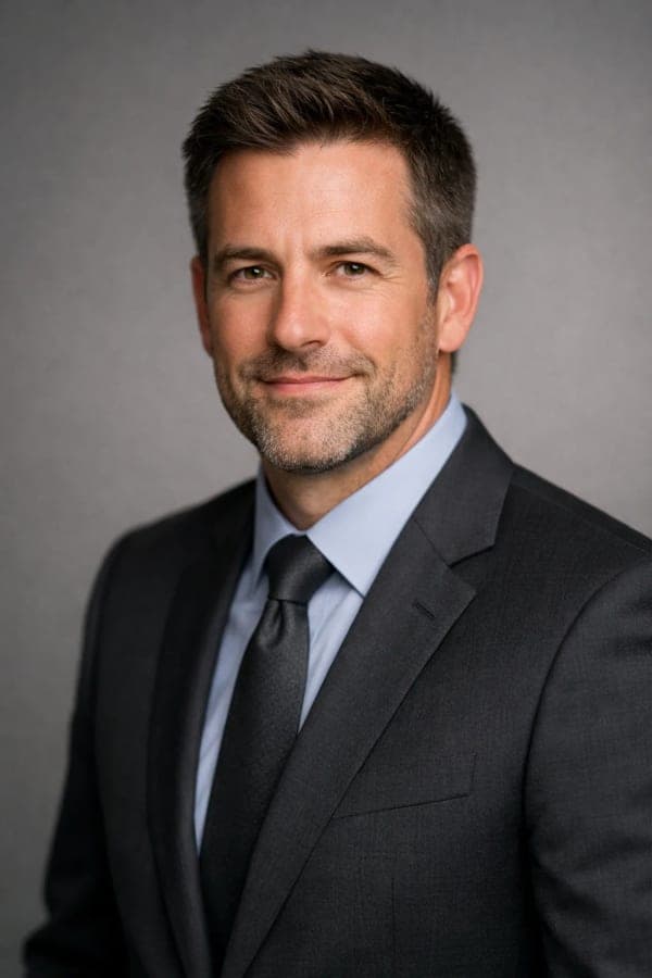Professional corporate headshot of a business professional in studio lighting with a neutral gray background and confident expression.