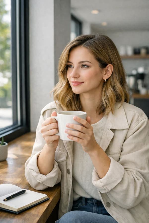Stylish young woman sitting casually inside a modern coffee shop near a large window with soft natural daylight and a neutral fashion aesthetic.
