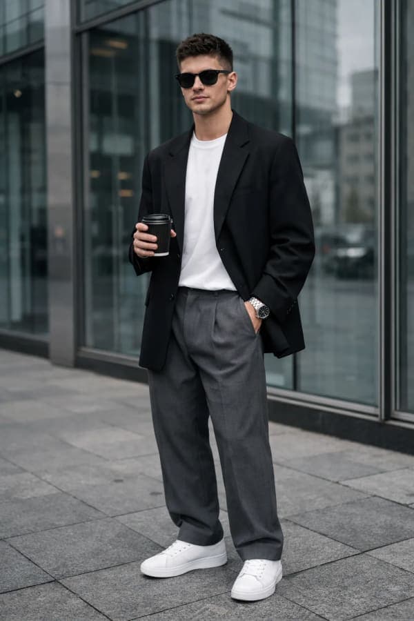 Stylish young man wearing an oversized black blazer and sunglasses standing outside a modern glass building with a premium streetwear aesthetic.