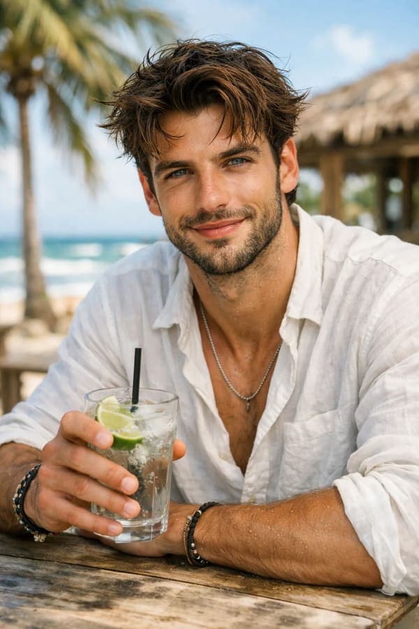 Stylish young man sitting at a beachside café holding a cold drink in a white linen shirt with a blurred tropical ocean and palm tree background.