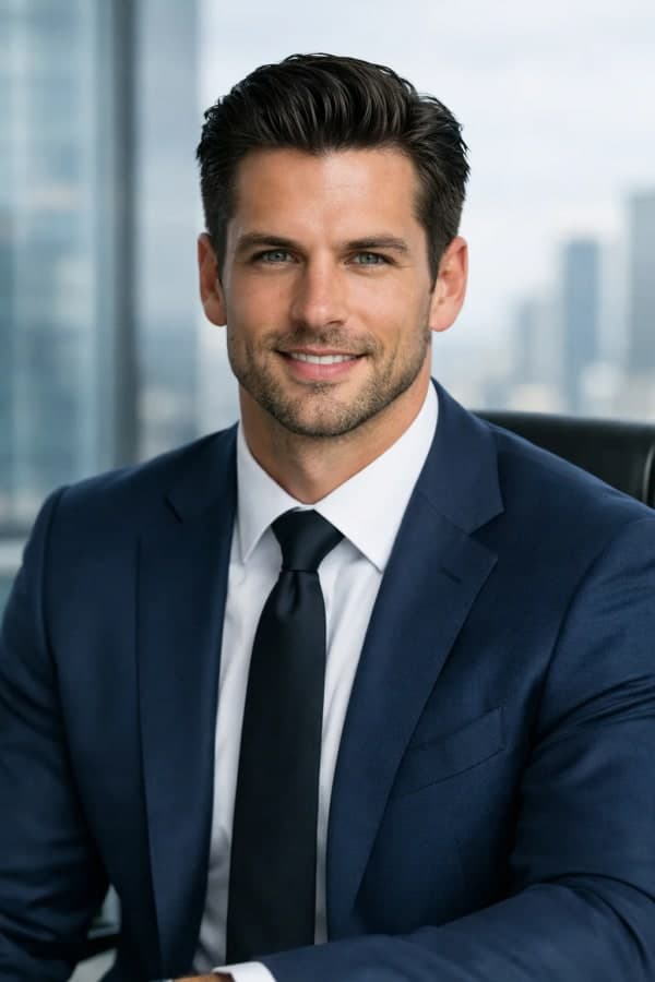 Professional LinkedIn headshot of a confident businessman in a navy suit sitting in a modern office with a blurred city skyline background and clean corporate lighting.