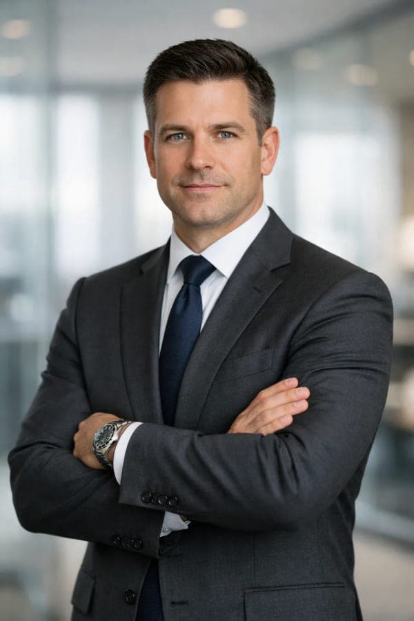 Professional corporate portrait of a confident businessman standing with arms crossed in a modern office with glass walls and soft natural lighting in a LinkedIn-style aesthetic.