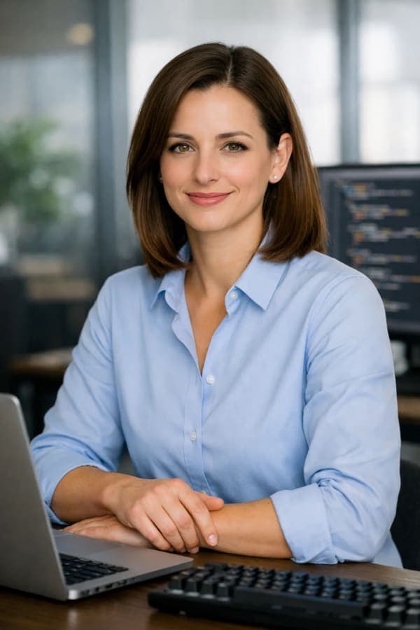 Professional portrait of a female software engineer sitting at a desk with a laptop and blurred coding screen in a modern office with soft daylight and a LinkedIn-style aesthetic.