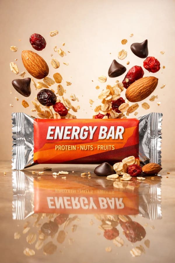 Ultra-realistic commercial product photography of a modern energy snack bar with floating almonds, oats, chocolate chips, and cinematic studio lighting on a reflective surface.