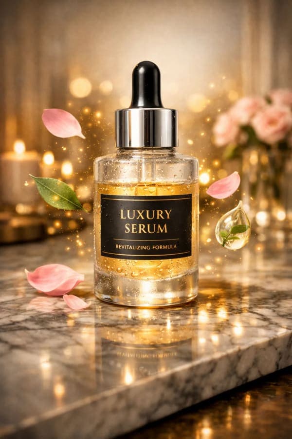 Ultra-realistic commercial photography of a premium skincare serum bottle with a glass dropper, floating petals, and cinematic lighting on a reflective marble vanity surface.