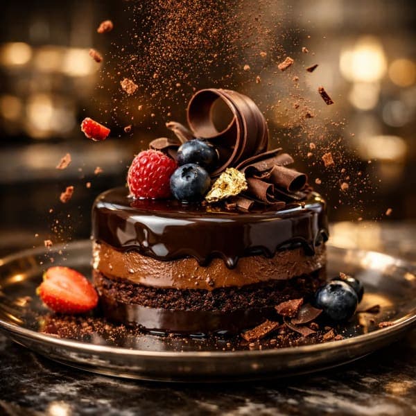 Ultra-realistic commercial photography of a gourmet chocolate dessert with glossy ganache, berries, chocolate curls, and cinematic lighting on a reflective marble surface.