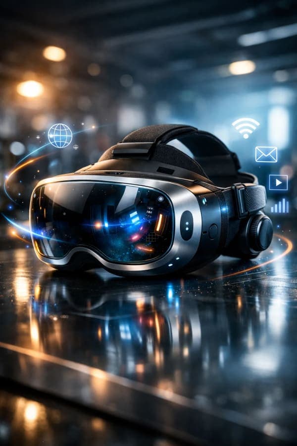 Ultra-realistic 3D render of a futuristic VR/AR headset with glowing interface lights, holographic UI elements, and cinematic lighting on a reflective surface.