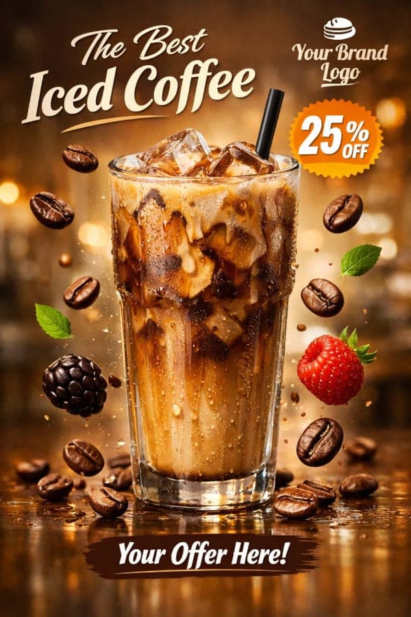 Hyper-realistic social media poster of a tall glass of iced coffee with ice cubes, condensation, floating coffee beans, and warm cinematic lighting on a reflective surface.
