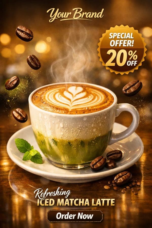 Ultra-realistic social media poster of a cappuccino with latte art, floating coffee beans, steam, and warm cinematic lighting on a reflective surface.