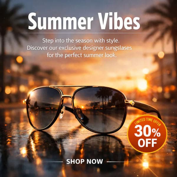 Ultra-realistic social media poster of designer sunglasses on a reflective surface with sun flare reflections, floating light particles, and a blurred urban or beach sunset background.