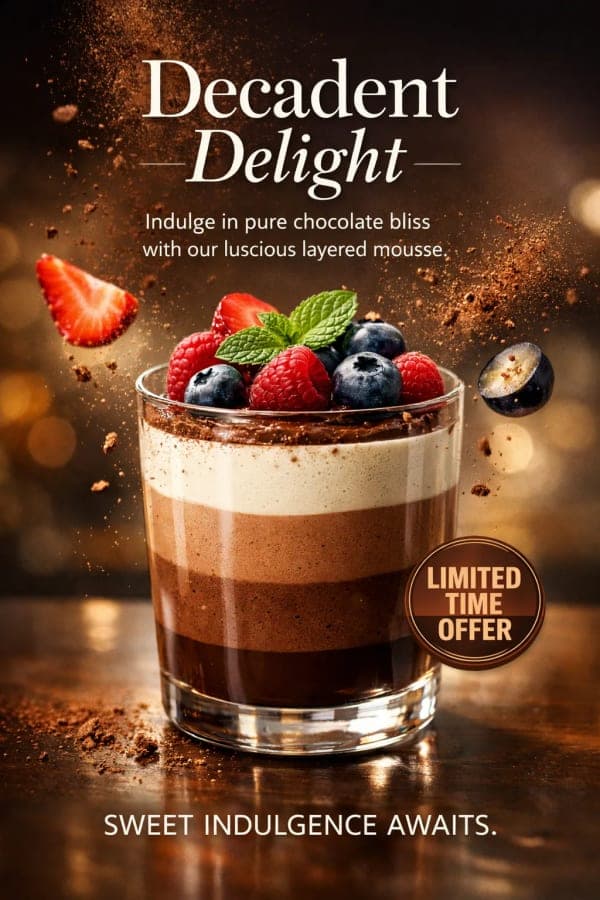 Ultra-realistic social media poster of layered chocolate mousse in a glass with berries, mint, floating cocoa powder, cinematic lighting, and elegant typography layout.