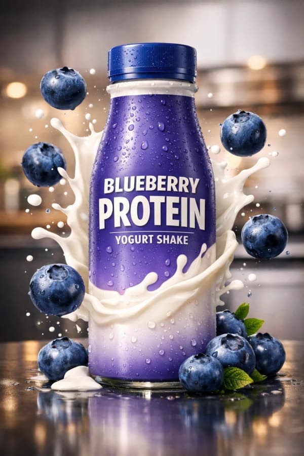 Ultra-realistic 3D render of a blueberry yogurt protein drink bottle with floating blueberries, yogurt splashes, and cinematic lighting on a reflective surface.
