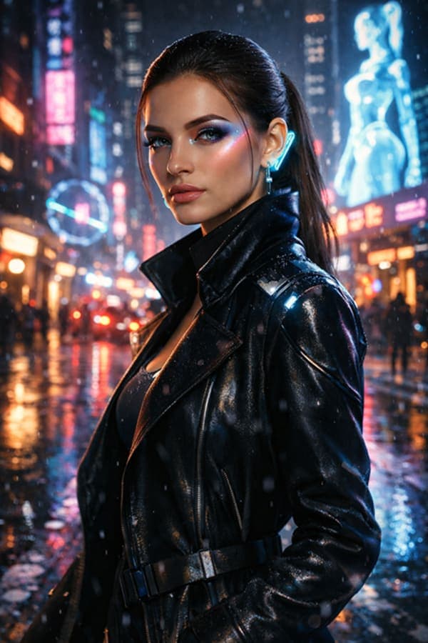 Futuristic woman standing in a neon-lit cyberpunk city at night with glowing holograms, reflective wet streets, and luminous sci-fi makeup