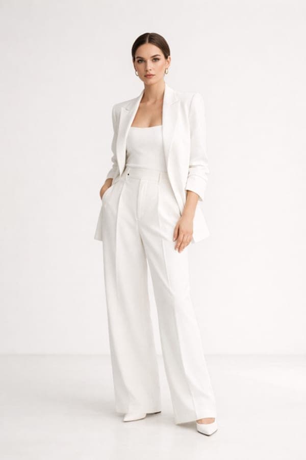 Female fashion model in a minimalist studio wearing a modern all-white outfit with soft shadows, clean background, and a calm editorial expression