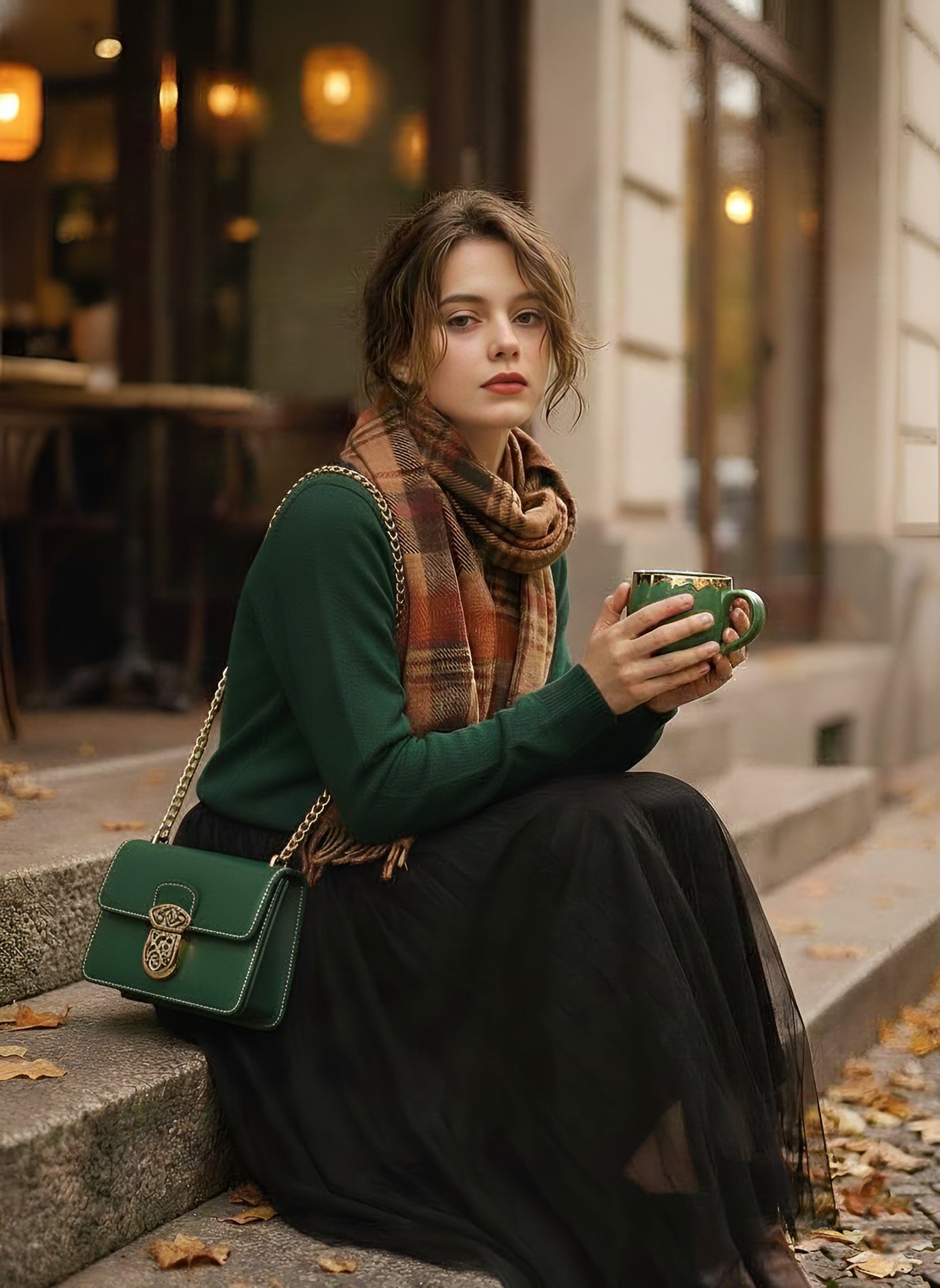 1970s Vintage Autumn Café Fashion Portrait – Cinematic Film Look Editorial Aesthetic
