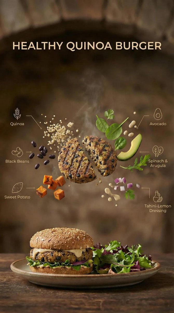 Deconstructed Quinoa Burger Explosion – Hyper-Realistic Floating Healthy Food Commercial Photography