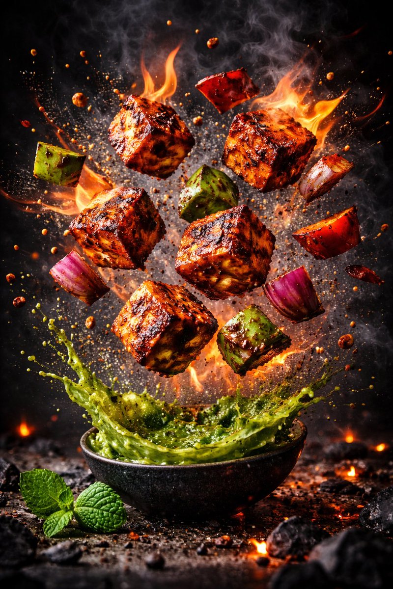Ultra-Cinematic Explosive Indian Feast – Hyper-Realistic Floating Food Action Scene