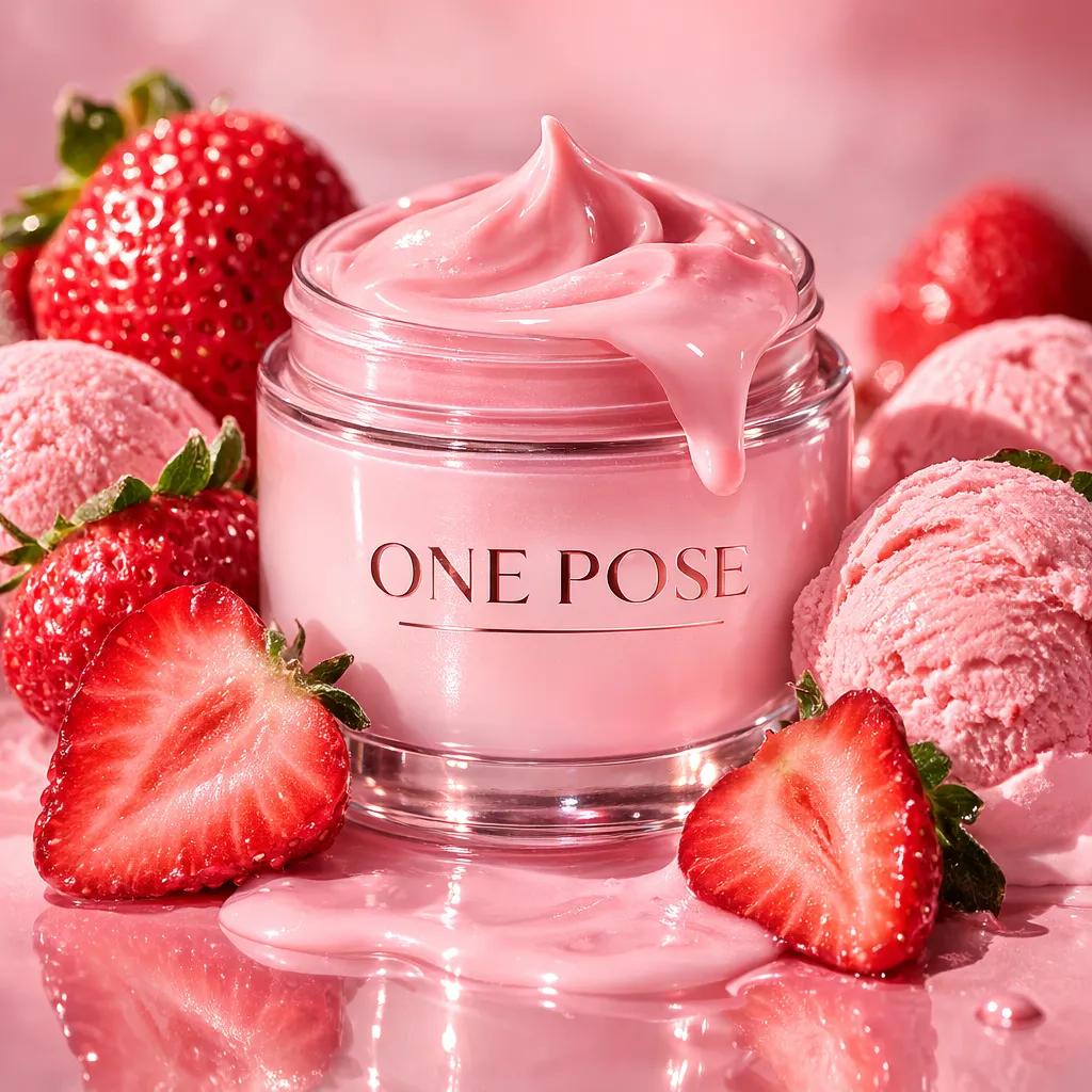 Luxury Strawberry Cream ONE POSE Skincare Product Ad