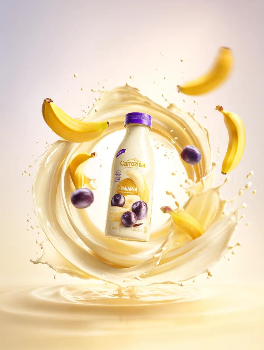 Premium Banana Milk Splash Commercial Product Photography with Floating Fruits