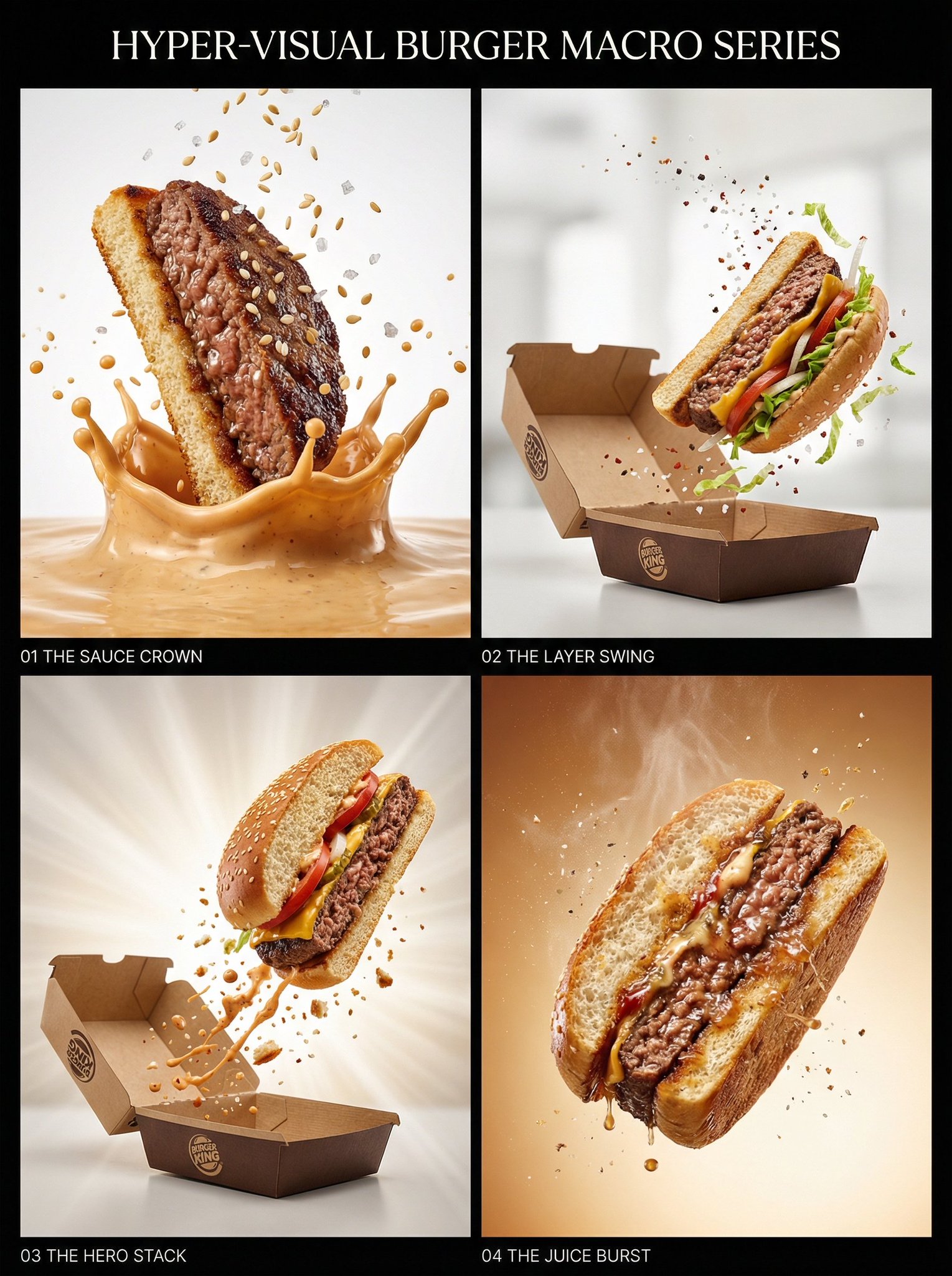 Hyper-Realistic Burger Macro Advertising Series with High-Speed Sauce and Food Physics
