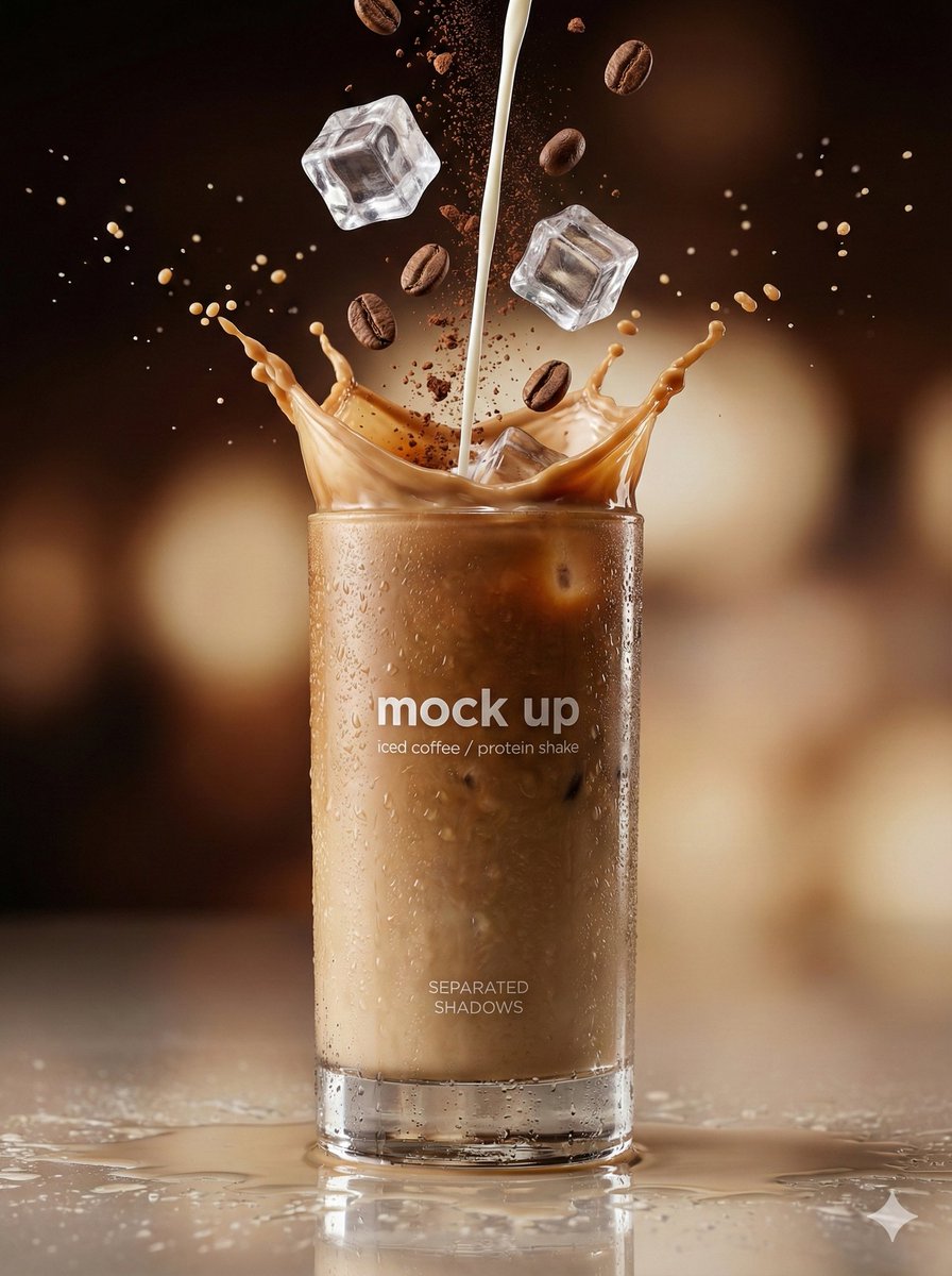 Ultra-Realistic Iced Coffee Protein Shake Glass Splash Commercial Photography