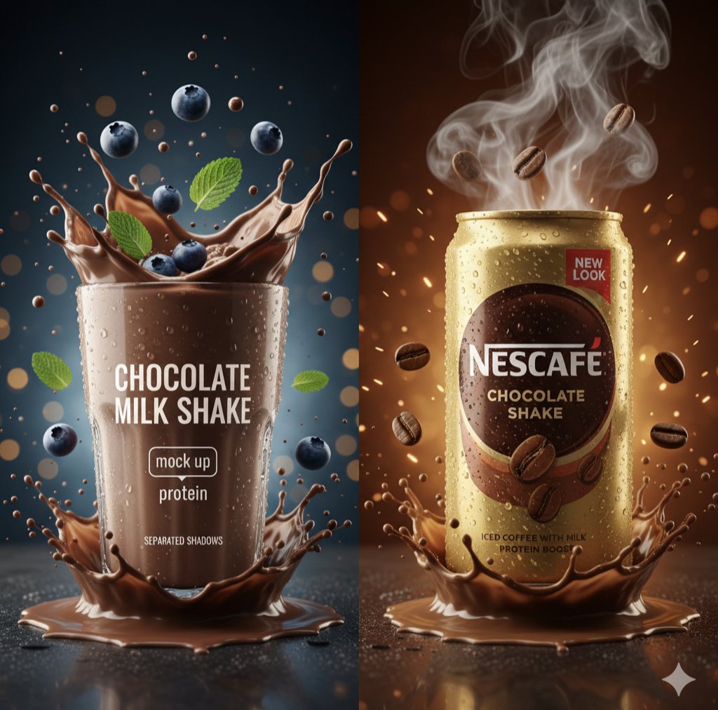Hyper-Realistic Split-Screen Chocolate Milkshake and Premium Beverage Splash Advertisement