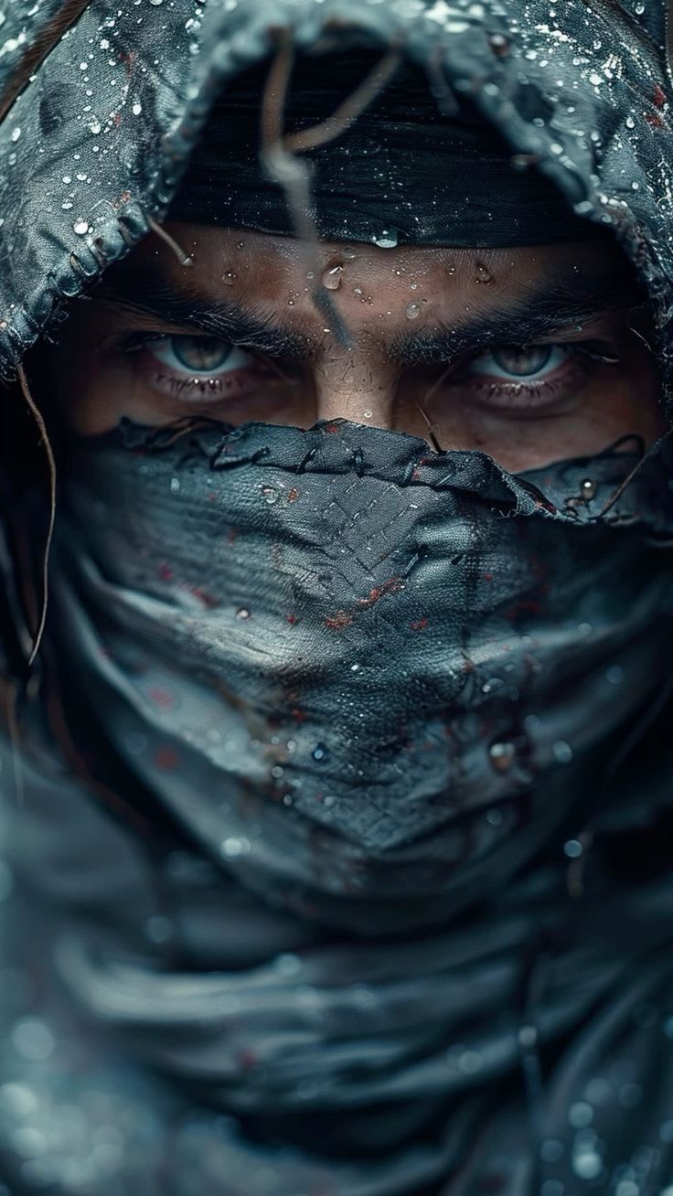 Ultra-detailed cinematic close-up portrait of a hooded masked survivalist with piercing blue-gray eyes, rain-soaked weathered fabric, dark teal-black tones, and dramatic low-key lighting.