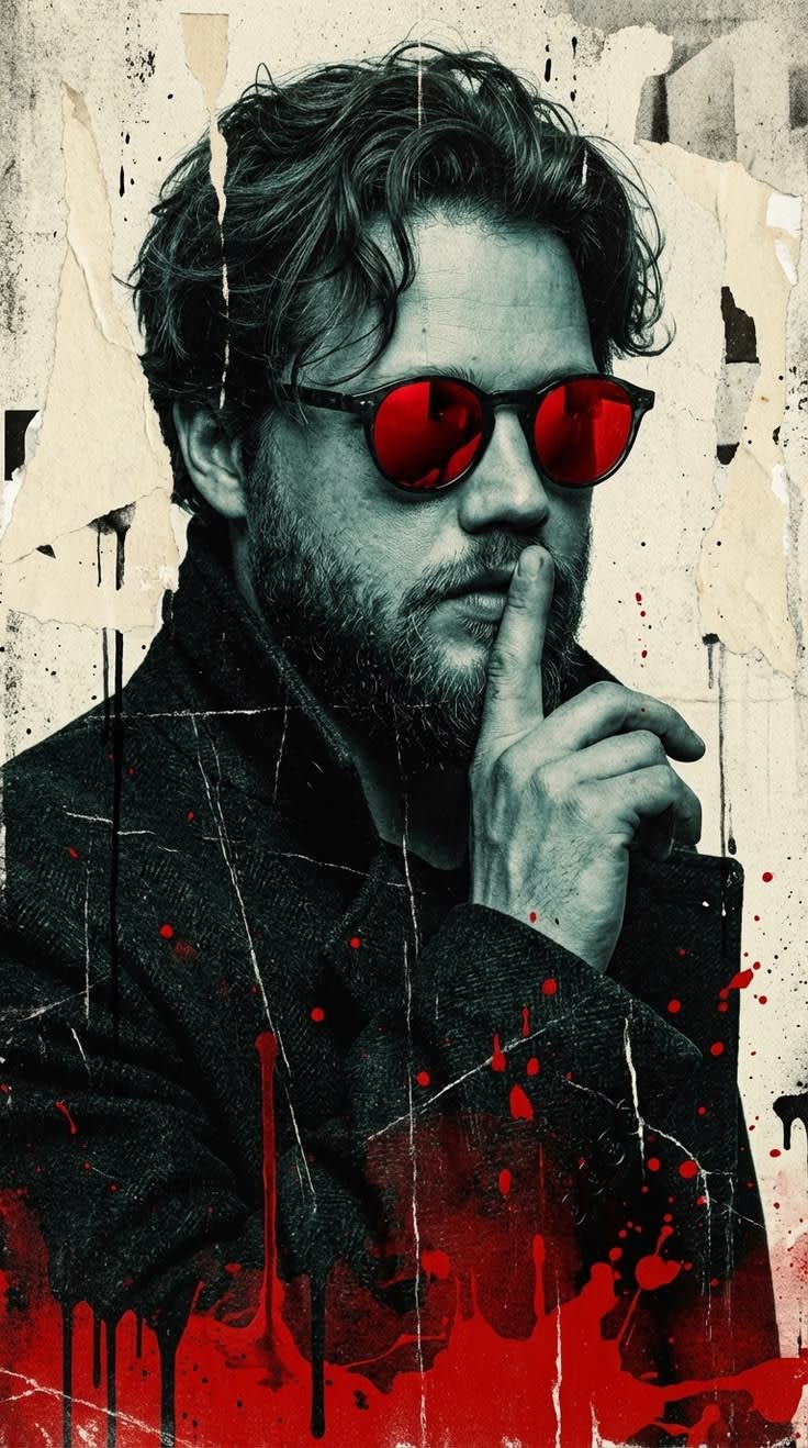 Cinematic grunge-noir portrait of a rugged bearded man wearing red round sunglasses and making a silence gesture, surrounded by distressed paper textures, ink splatters, scratches, and dark editorial poster styling.