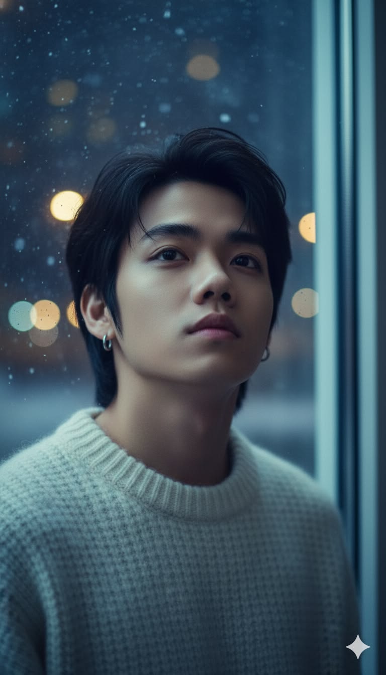 Ultra-realistic cinematic portrait of a young East Asian man in a cream knit sweater standing behind a rain-speckled window at night, surrounded by soft amber and teal city bokeh, creating a moody K-drama-inspired editorial atmosphere.