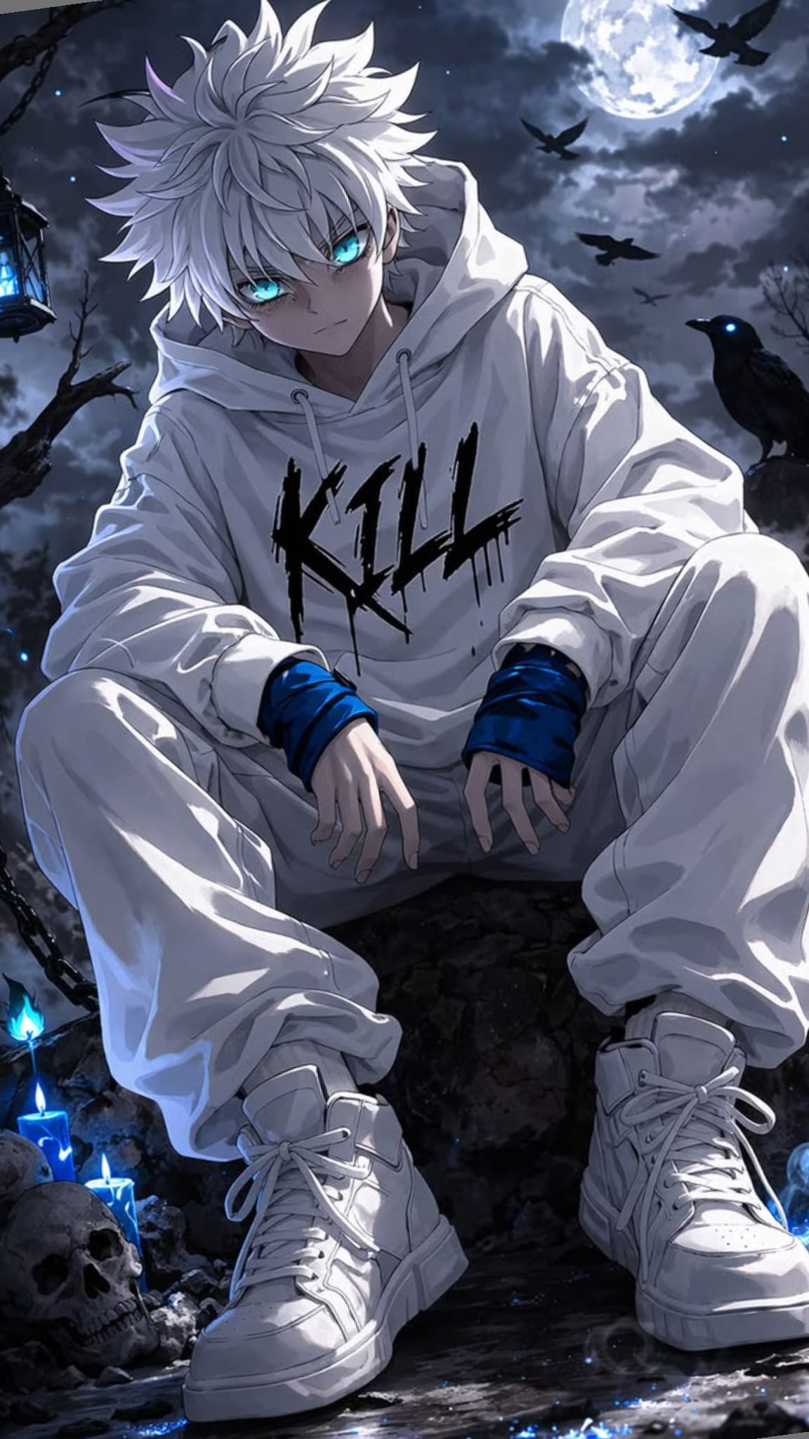 Dark fantasy anime illustration of a white-haired supernatural anti-hero in an oversized white hoodie sitting in a moonlit gothic graveyard surrounded by ravens, blue candles, glowing cyan eyes, and dramatic nighttime atmosphere.