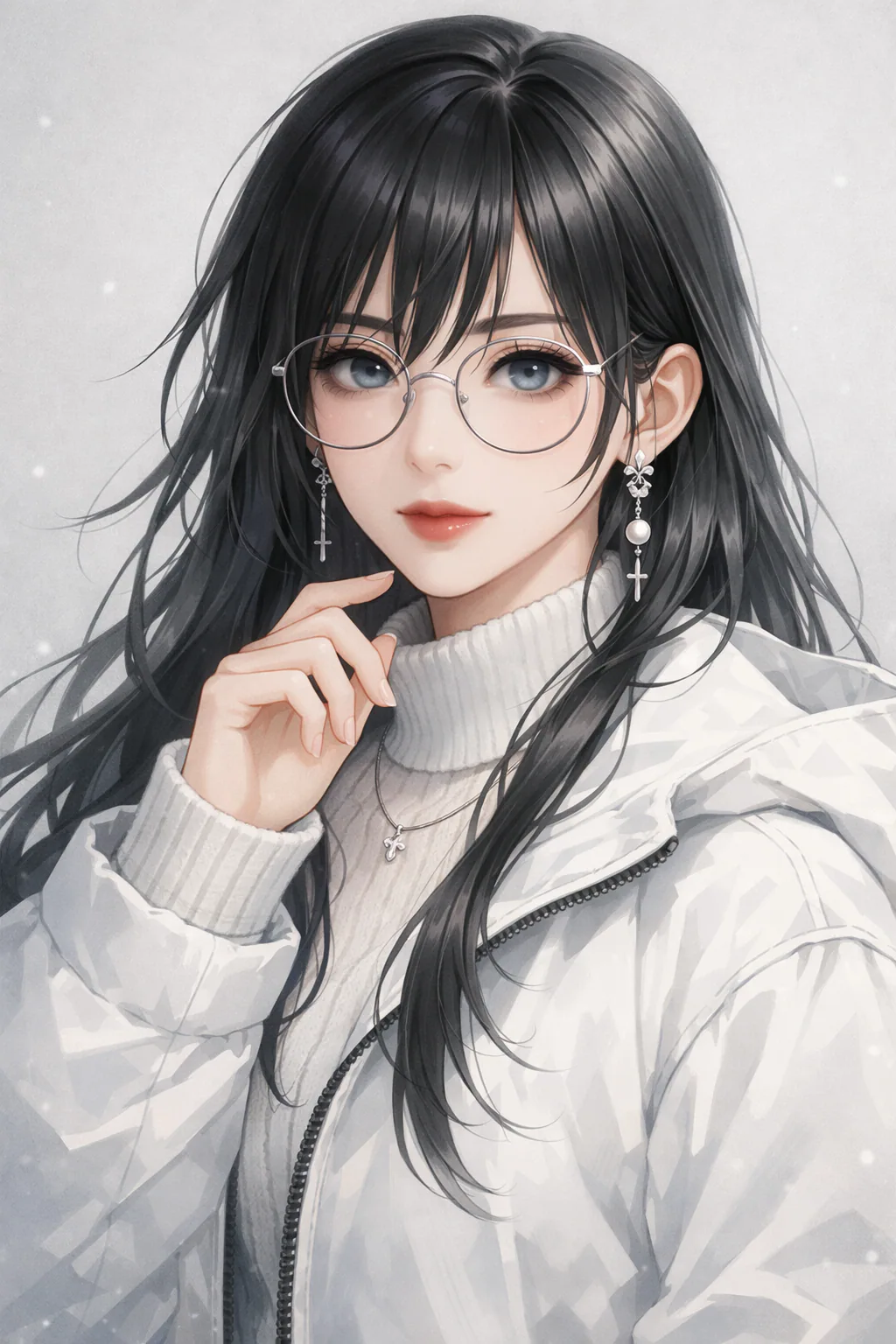 Original anime-inspired portrait of an elegant young woman with long black hair, silver round glasses, pearl earrings, white winter clothing, and pale blue-gray eyes against a soft minimalist background.