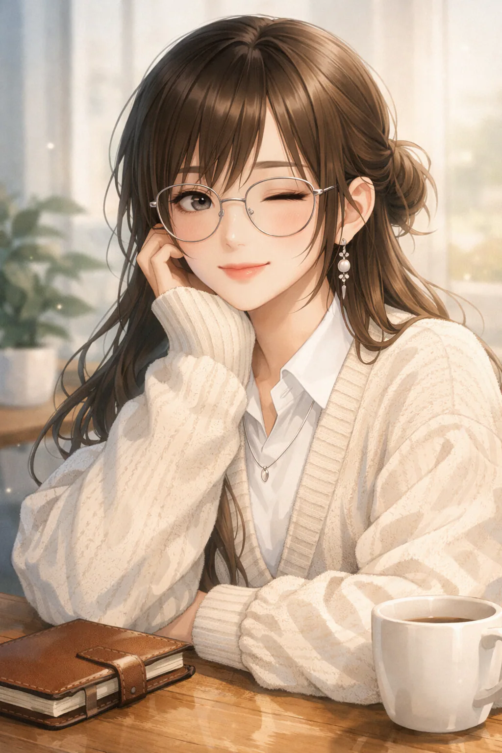 Original anime-style portrait of a young woman with chestnut-brown hair in a loose bun, silver glasses, and a warm wink while sitting at a wooden table with a notebook and coffee cup in a bright cozy café filled with morning sunlight.