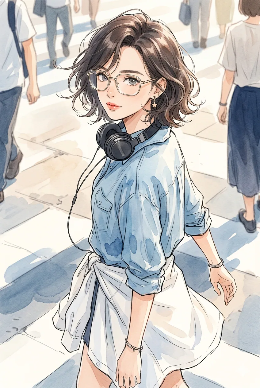 Watercolor-style anime illustration of a fashionable young woman with short wavy brown hair and oversized glasses walking across a bright city crosswalk while looking back toward the viewer, wearing a light-blue denim shirt and headphones around her neck in a warm summer urban setting.