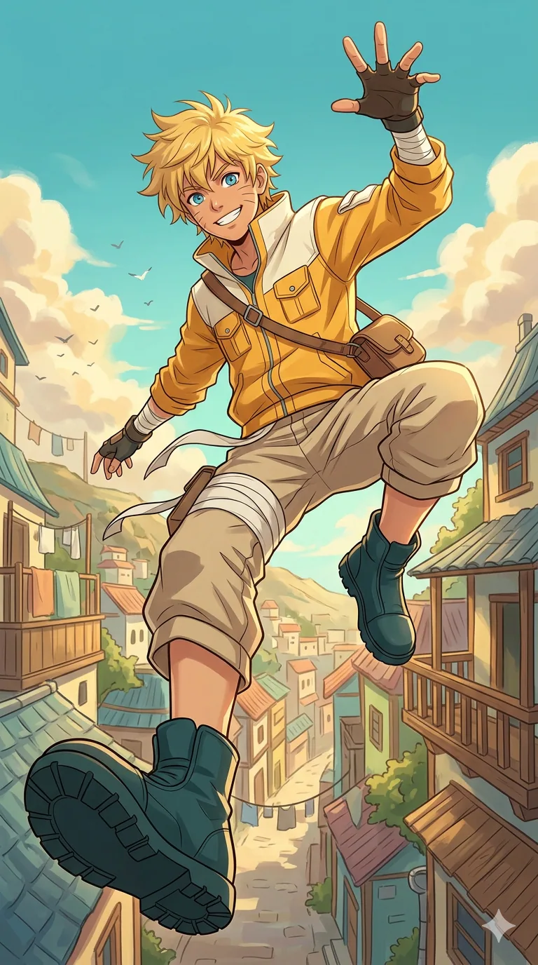 Original anime-style illustration of a cheerful blond teenage rooftop courier leaping above a colorful hillside town, wearing a yellow utility jacket and cargo pants, captured in a dynamic wide-angle action pose under a bright blue sky.