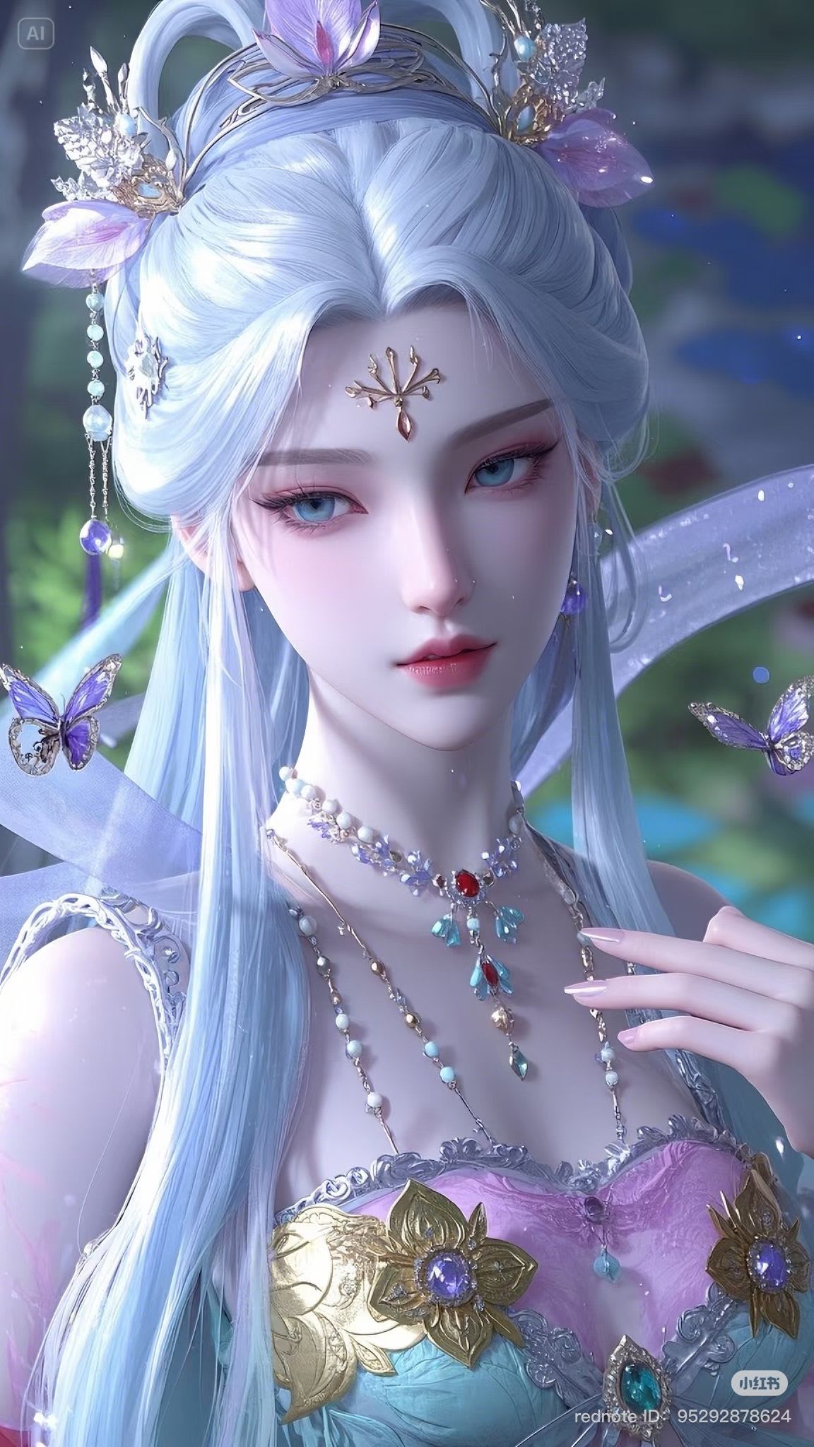 Elegant fantasy anime fairy princess with long silver-blue hair, icy blue eyes, ornate gemstone jewelry, delicate butterflies, and a moonlit enchanted garden background rendered in a luminous pastel fantasy style.