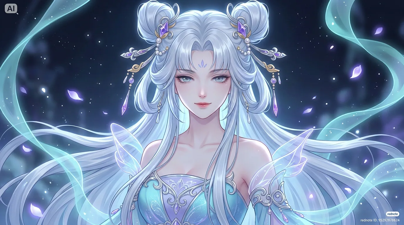 Beautiful fantasy anime ice fairy princess with long silver-blue hair, glowing blue eyes, ornate crystal jewelry, magical ribbons, sparkling particles, and a moonlit fantasy garden background rendered in a luminous donghua-inspired art style.