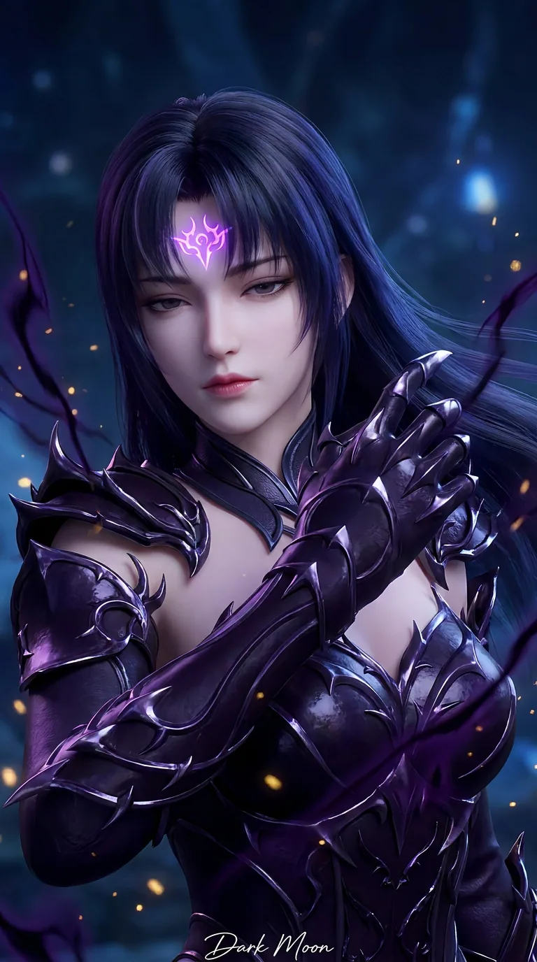 Dark fantasy female cultivator wearing glossy black and purple armor with a glowing violet forehead seal, flowing black hair, supernatural aura, and cinematic donghua-inspired lighting against a mystical night background.