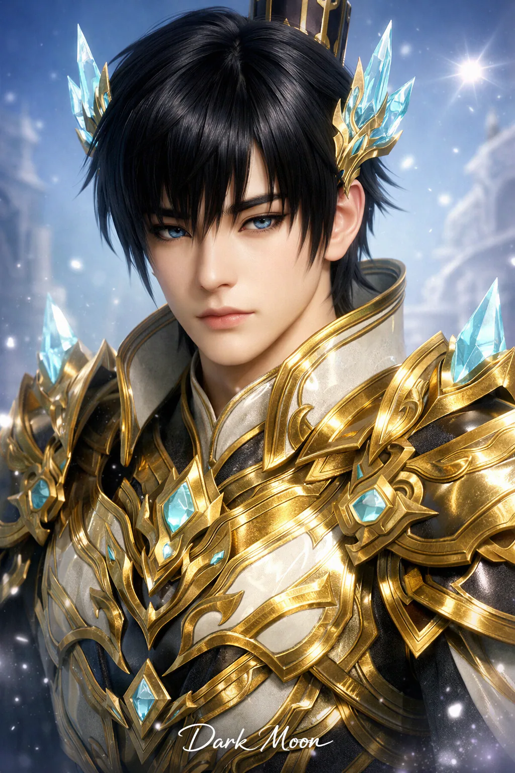 Elegant celestial male cultivator with porcelain skin, black hair, crystalline crown ornaments, ornate golden armor, and soft heavenly spiritual energy surrounded by glowing particles in a cinematic donghua-inspired fantasy setting.